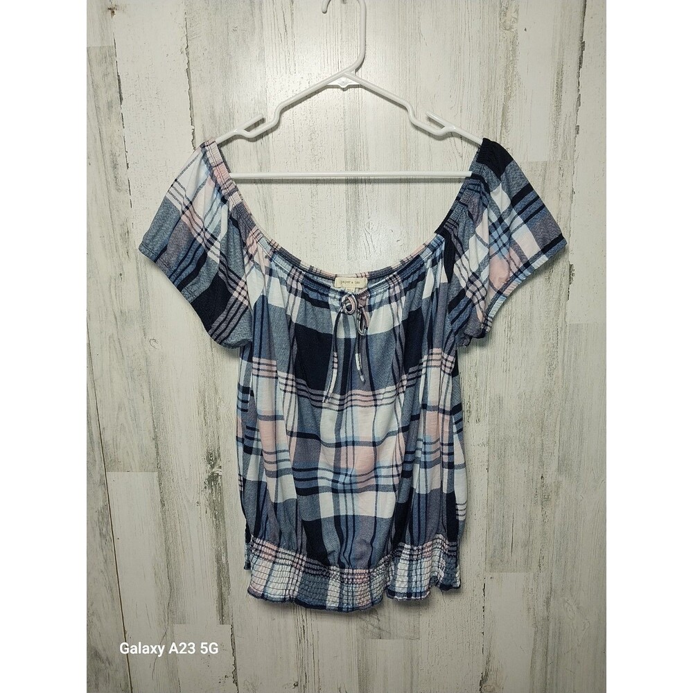 paper + tee 3X off shoulder Blue Pink plaid blouse Short Sleeve